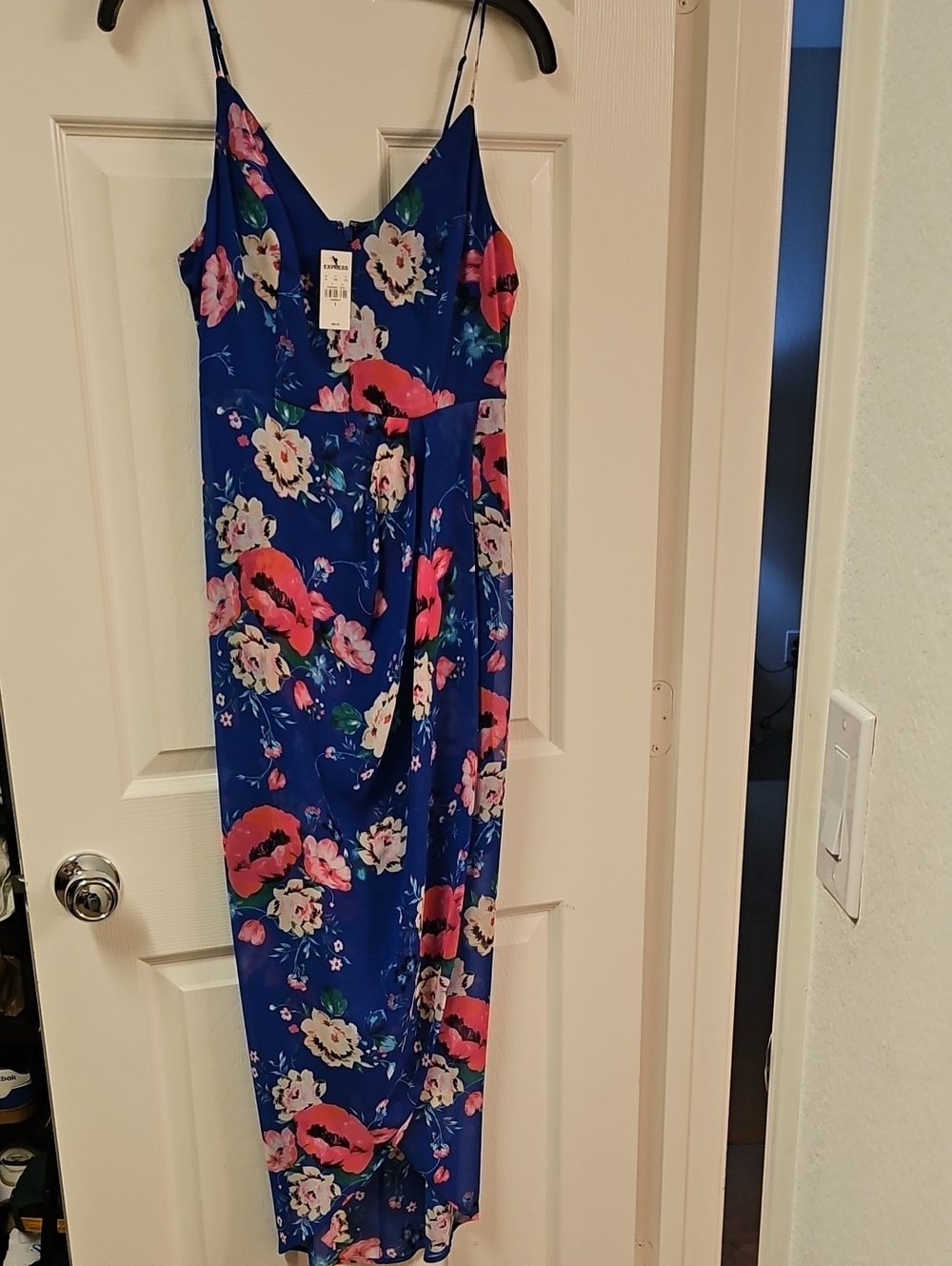 Express Royal Blue Floral Slip Dress with Pink & Cream Blooms